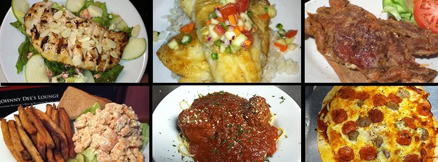 Six plates from the Johnny Dee&rsquo;s kitchen, including shrimp salad with fries, spaghetti and meatballs, a salad topped with sliced almonds and a pepperoni pizza.